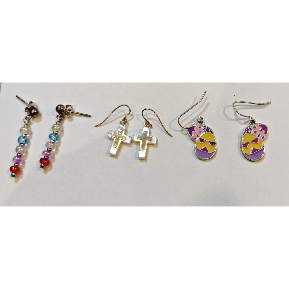 Lot of 3 Pair of Easter Spring Earrings, Cross, Eggs, Spring